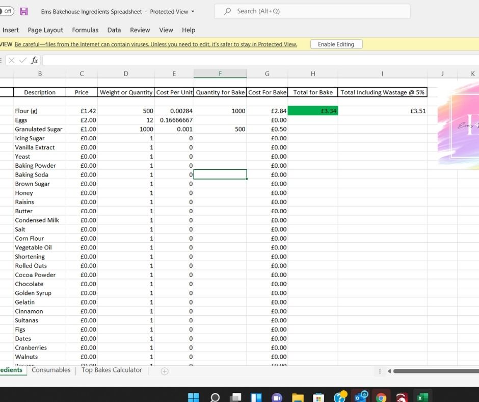 how to price a cake baking spreadsheet