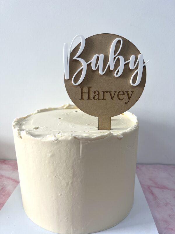 Wooden background round cake topper with baby name