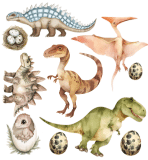 Colourful dinosaurs with eggs and nests