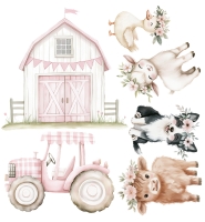 Cute farm animals and barn illustration.