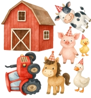 Farm animals celebrating with party hats