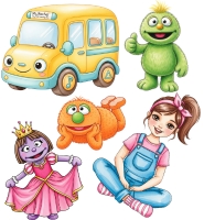 Colourful characters and a cheerful bus.