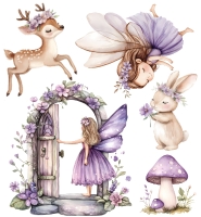 Fairy tale scene with animals and flowers.